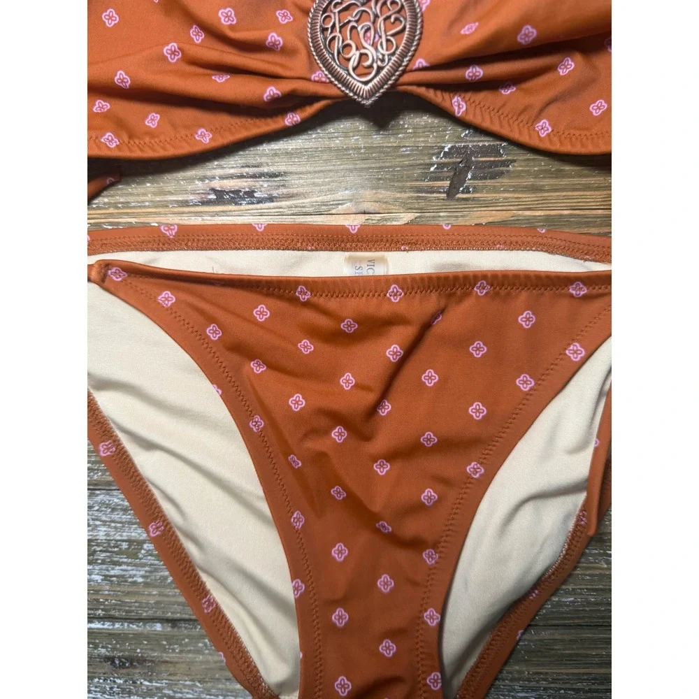 Victoria's Secret Bikini Set Y2K Rust Orange Pink Floral Heart Halter Side Tie M